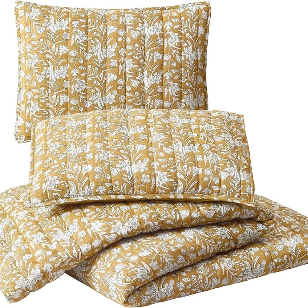 Laurel & Mayfair Gold Block Print Floral Cotton Voile Queen Quilt Set 3pc Gold